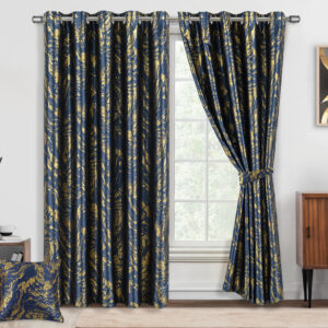 Metallic Foil Marbel Printed Pattern Blackout Curtains – Thermal Eyelet Drapes with Tiebacks, 2 Panels for Bedroom & Living Room