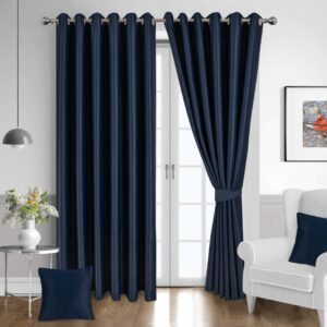 Navy Blue Blackout Curtains – Thermal Eyelet Drapes with Tiebacks, 2 Panels for Bedroom & Living Room